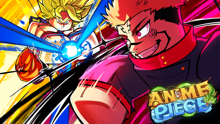Two anime-style fighters clash with a blue energy beam attack in Anime Piece key art.