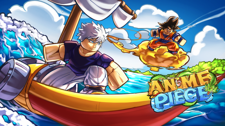 Anime Piece key art of a white-haired character sailing a small boat while another character rides a flying cloud