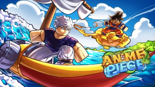 Anime Piece artwork of a character sailing a small boat on the sea, with a second character riding a flying cloud and the game logo